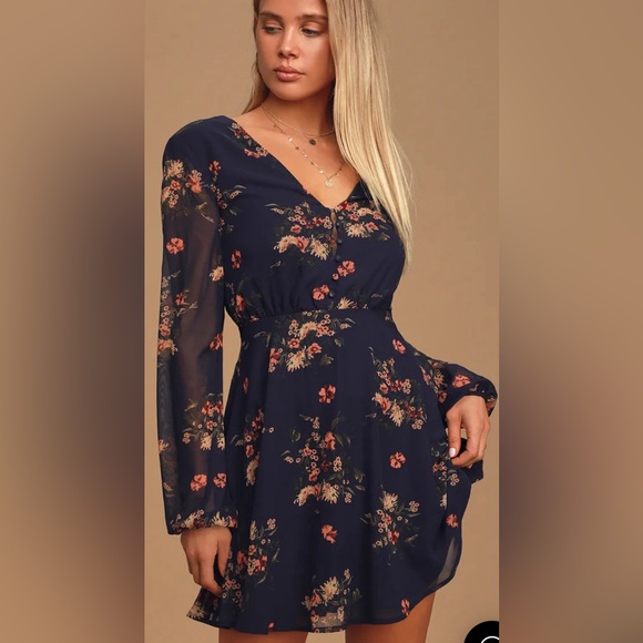 Lulus Blue Floral Print Long Sleeve Tying Dress - Picture 5 of 6